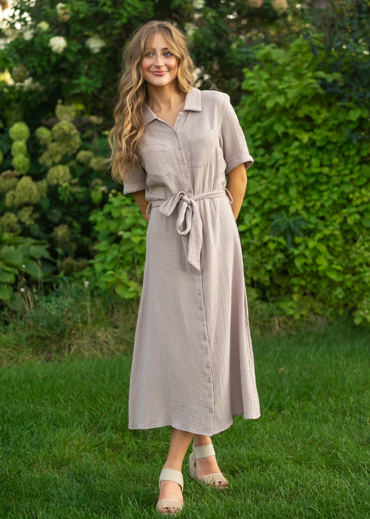 Essential Taupe Short Sleeve Gauze Shirt Dress